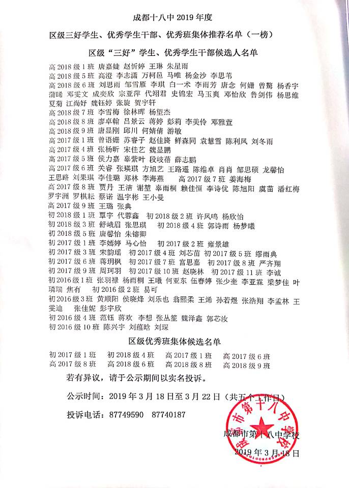 2019年度區(qū)級三好學(xué)生、優(yōu)秀學(xué)生干部、優(yōu)秀班集體推薦名單